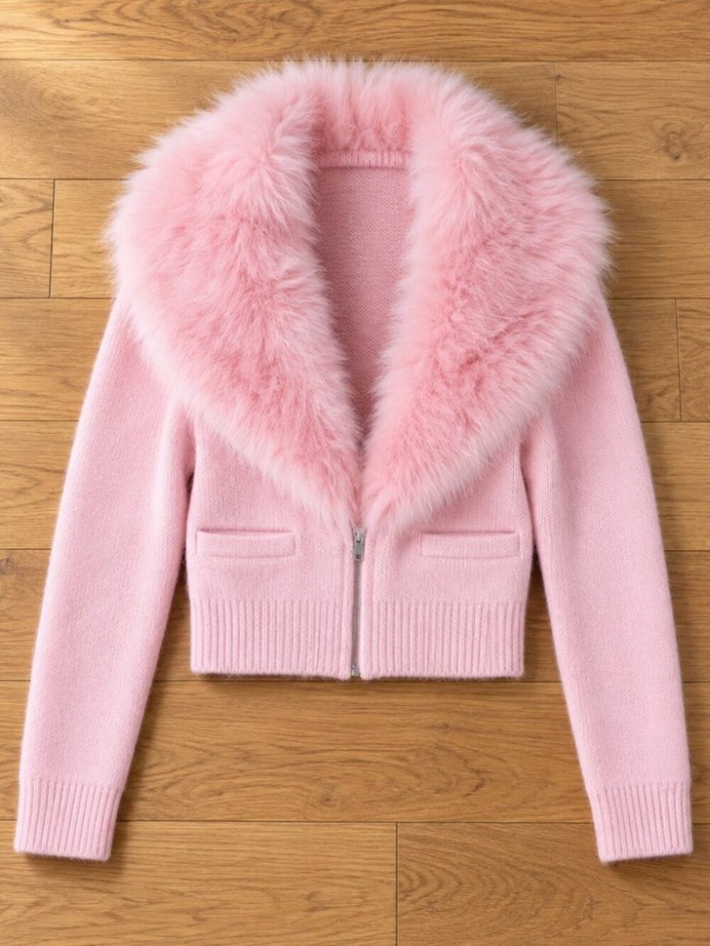Pink cropped knit cardigan with faux fur collar - y2k coquette zip up